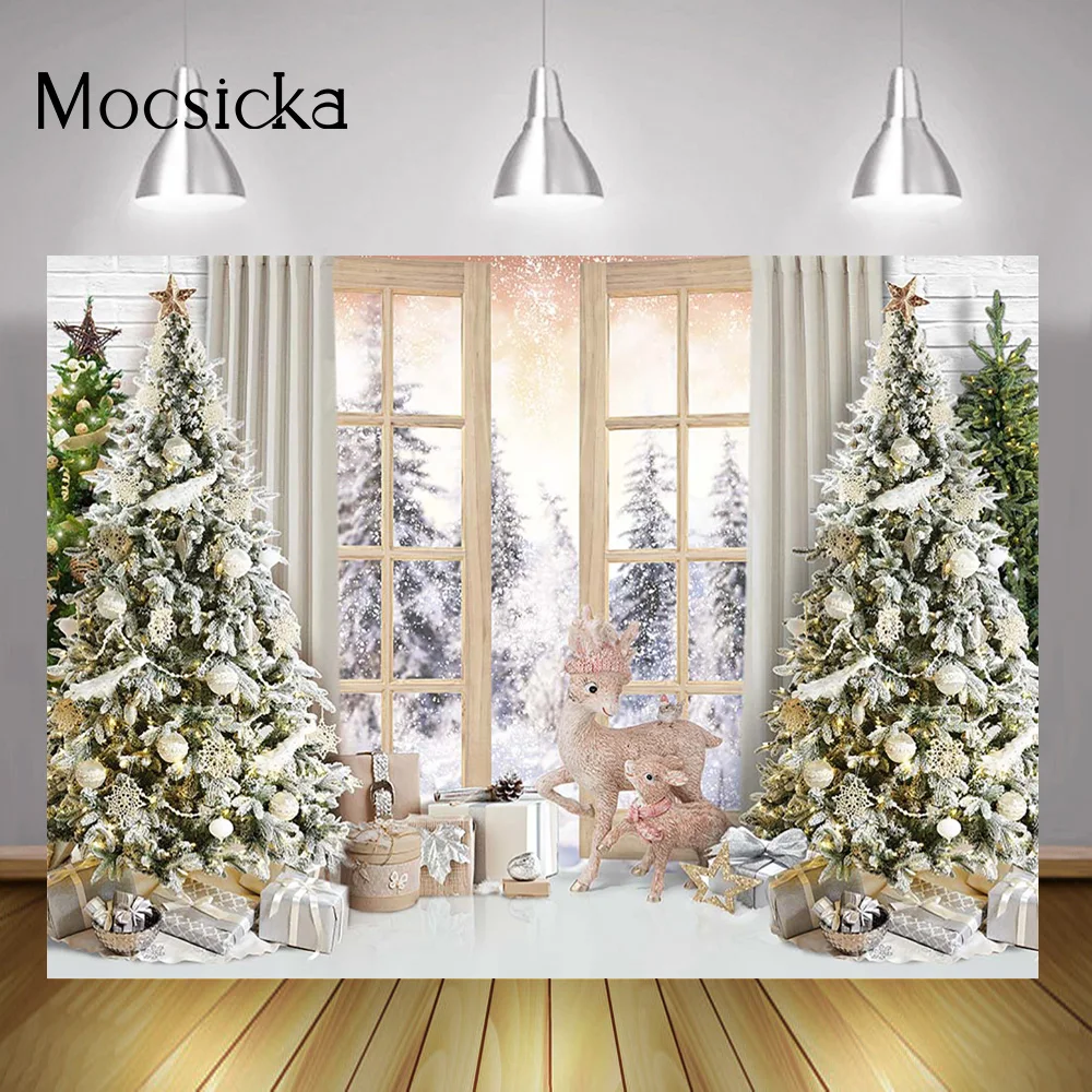 

Xmas Window Kids Cake Smash Background Photocall Christmas Tree Winter White Pine Forest Backdrop Adult Birthday Portrait Studio