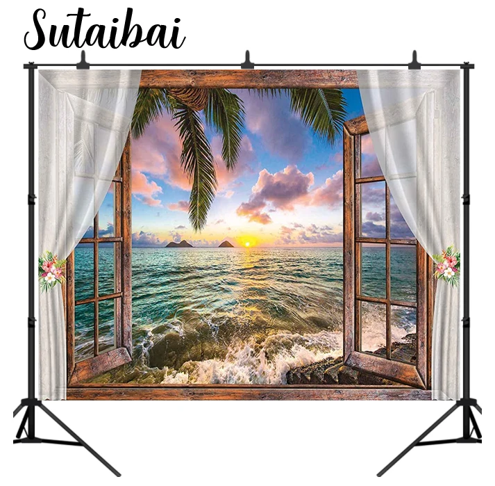 Tropical Island Seaside Scenery Window Photography Backdrop Summer Ocean Scene Sunshine Palm Leaves Windowsill Photo Background