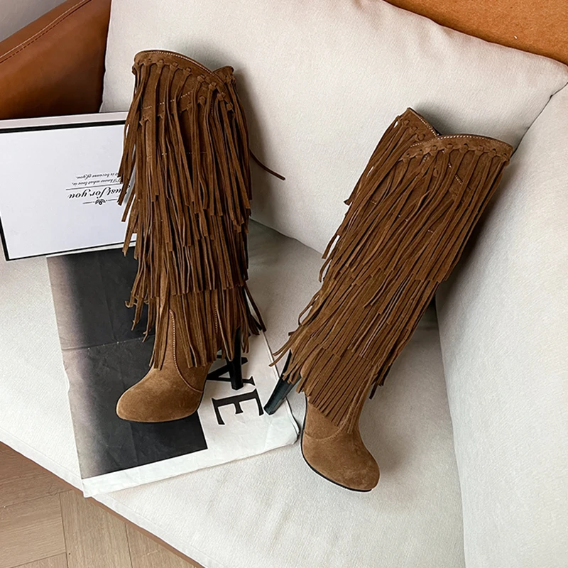 2022 Spring New High-Heeled V-Neck Fringed Women\'s Boots Round Toe Waterproof Fashion Sexy Fashion Set Of Feet Princess Boots