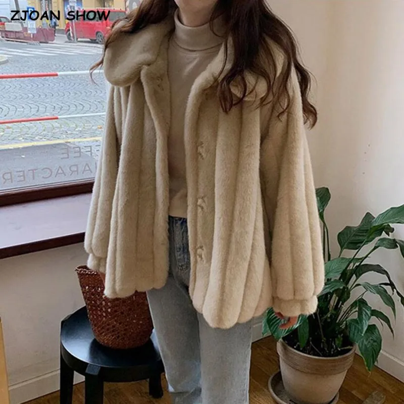 Winter Turn down Collar Lapel Hairy Shaggy Soft Faux Fur Coat Green Women Long Sleeve Furry Fur Warm Jacket Short Outerwear