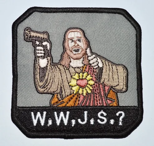 1x GUN ! WHAT WOULD JESUS SHOOT WWJS USA ARM TACTICAL MORALE BADGE COLOR IRON ON PATCH (≈7.7 cm)