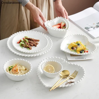 Venda imperdível estilo simples cor branca pérola formato de prato tigela em forma de coração sobremesa prato de sopa tigela talheres 1 segundo