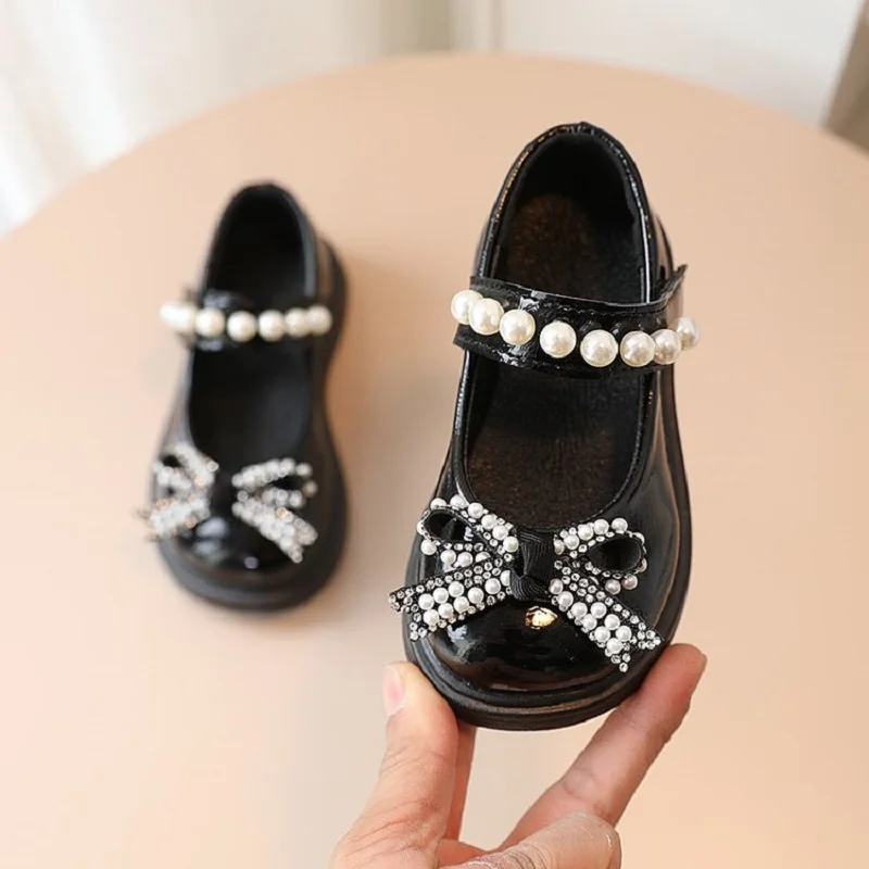 Kids Fashion Pearl Bow Knot PU Leather Princess Shoes For Girls Butterfly Baby Shoes