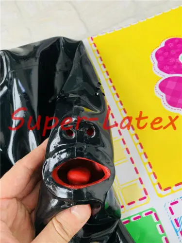 MEN LATEX CATSUIT WITH NOSE TUBE RED TEETH HIDDEN TWO CONDOMS MESH EYE