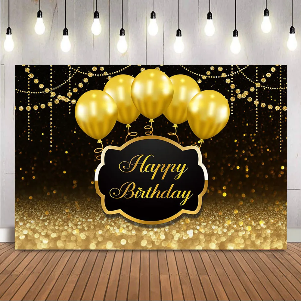 Gold Shiny Birthday Backdrop Black and Golden Birthday Party Decorations Photoshoot Bokeh Glitter Dots Women Boys Banner Props