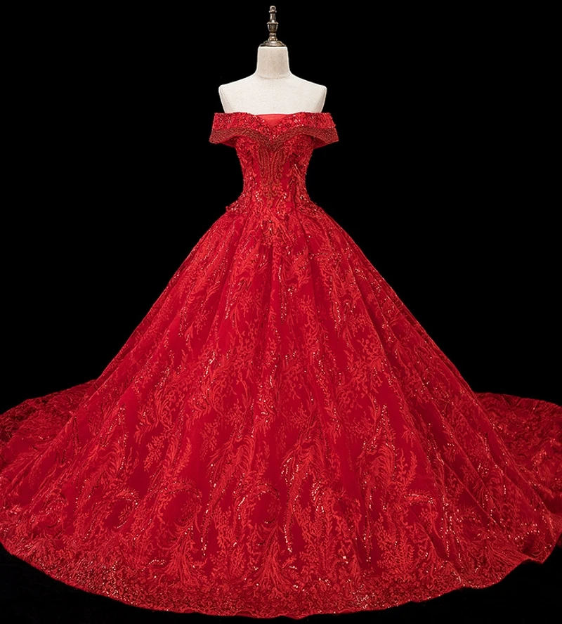 Robe de mariée de luxe en dentelle rouge/champagne, épaules dénudées, avec perles, robe de bal brodée, 2020