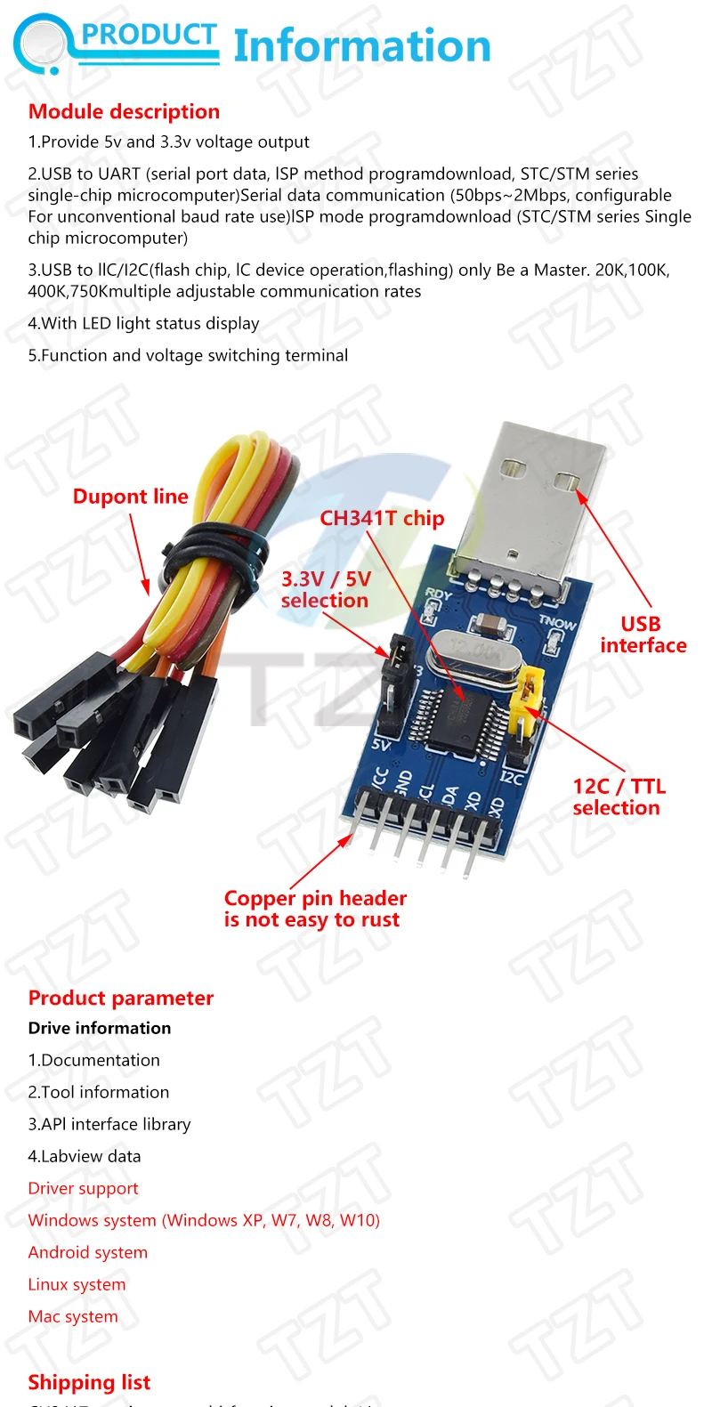TZT 1/3PCS CH341T 2 in 1 Modul 3,3V 5V USB zu I2C IIC UART USB zu TTL Single-Chip serieller Port-Downloader – Detail 3