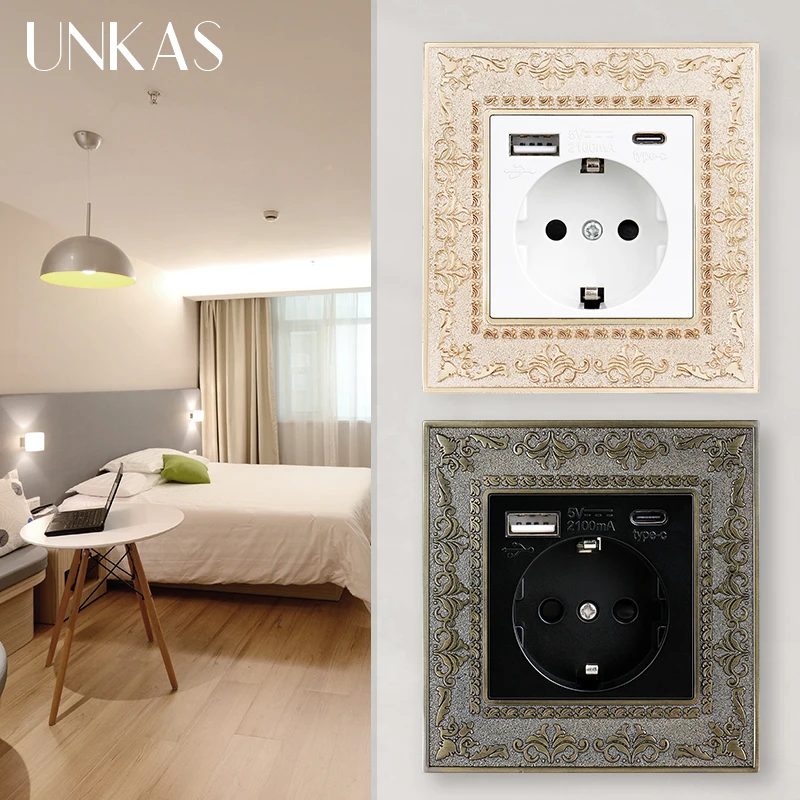 UNKAS Type C Port 16A EU Plug 5V 2100mA With USB Socket 4D Embossing Retro Zinc Alloy Stainless Steel Panel Power AC 110V-250V