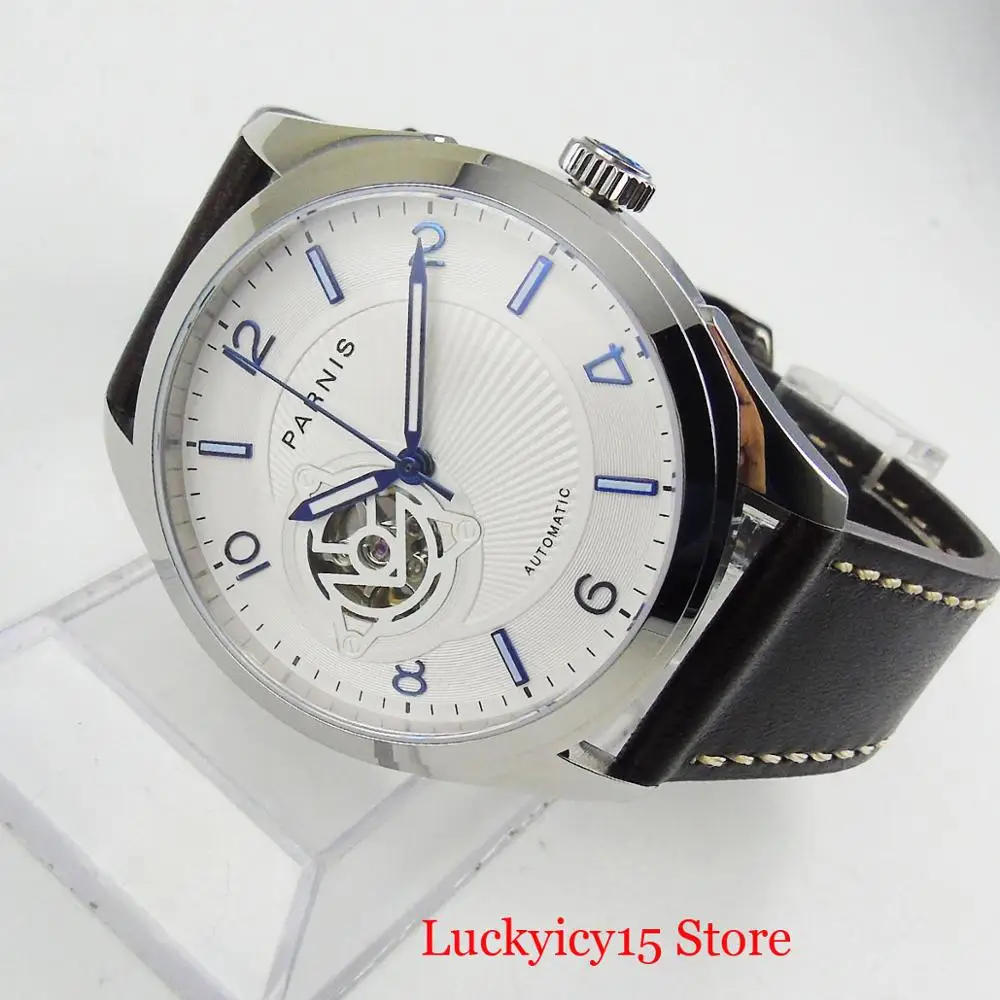 

PARNIS Luxury Sapphire Glass Men Wristwatch 42mm Case Hollow Dial White/Black Dial 24 Jewels Miyota NH38 Movement