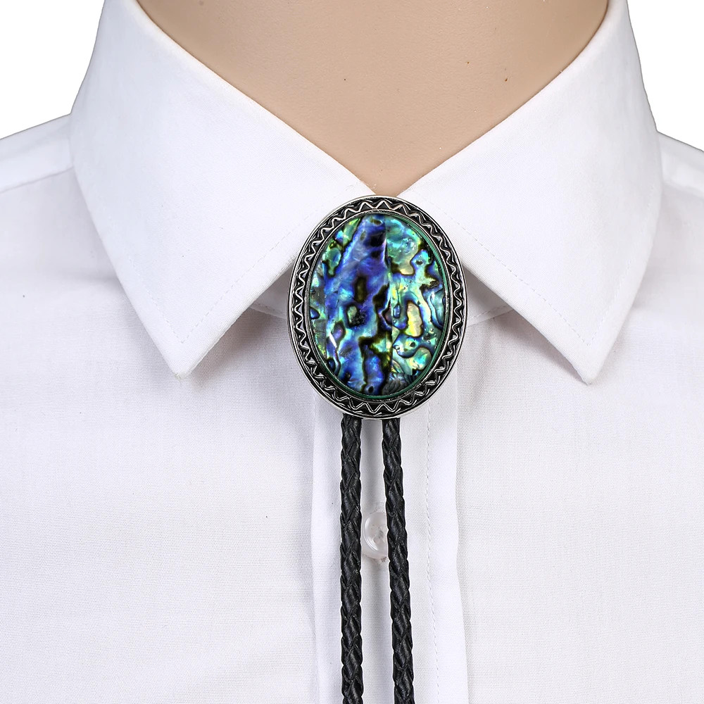 Naturel Stone Green Shell Flash  Bolo Tie For Man Indian Cowboy Western Cowgirl Leather Rope Zinc Alloy Necktie