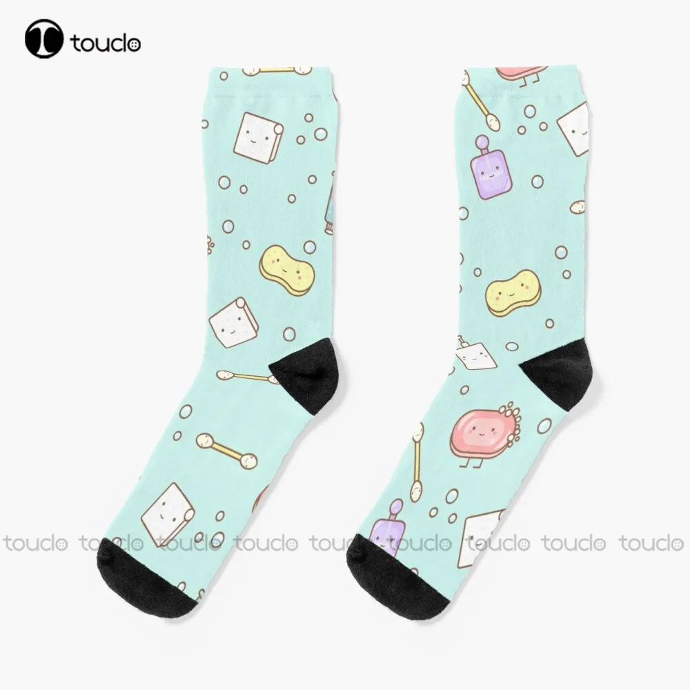 Cute Pattern With Soap Shower Gel Perfume Sponge Ear Sticks And Towel. Pattern With Hygiene Products. Socks Soft Socks