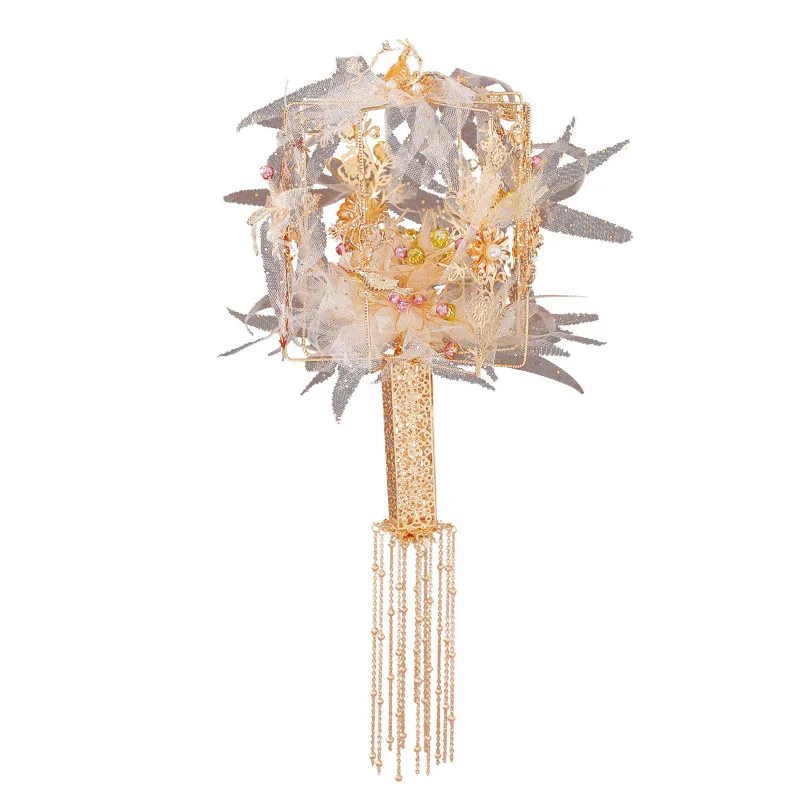 HIMSTORY Luxury Crystal Bridal Fan Cane Hand Bouquet Chinese Style Ancient Gold silk Flowers Round Wedding Bouquets Accessories