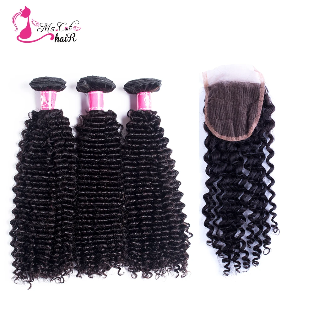 MSCATHAIR Kinky Curly Weave Human Hair Bundles With Closure Brazilian Hair Weave 3 Bundles With 4x4 Closure Remy Hair 4PCS/LOT