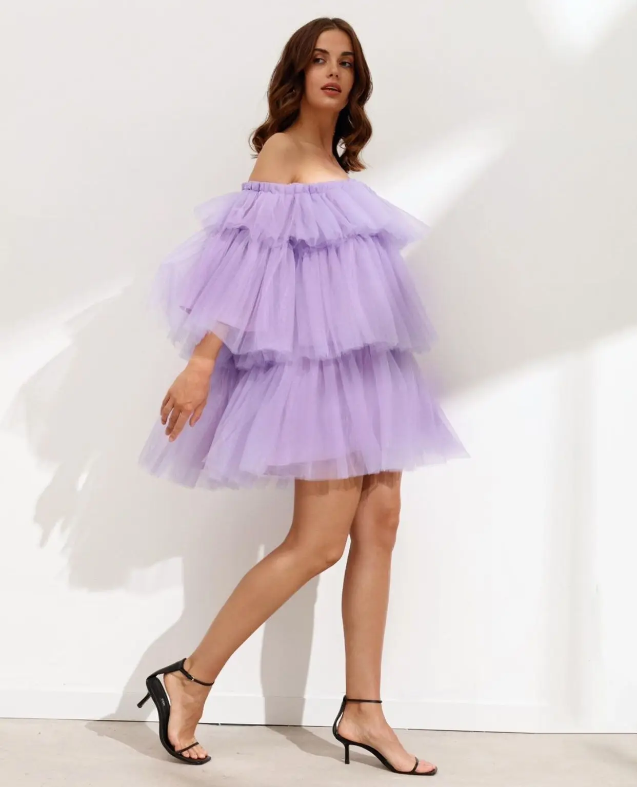 Lorie Lila Korte Prom Jurken Uit De Schouder Tiered Tulle Homecoming Party Dress Boven Knie Tutu Rok Lady Formele Gowns