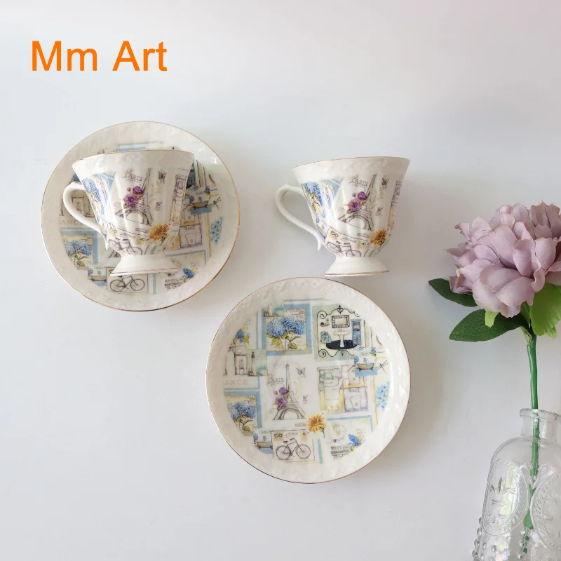 French Paris Tower Coffee Cup Cup and Saucer One Package Relief Goblet Coffee Cup