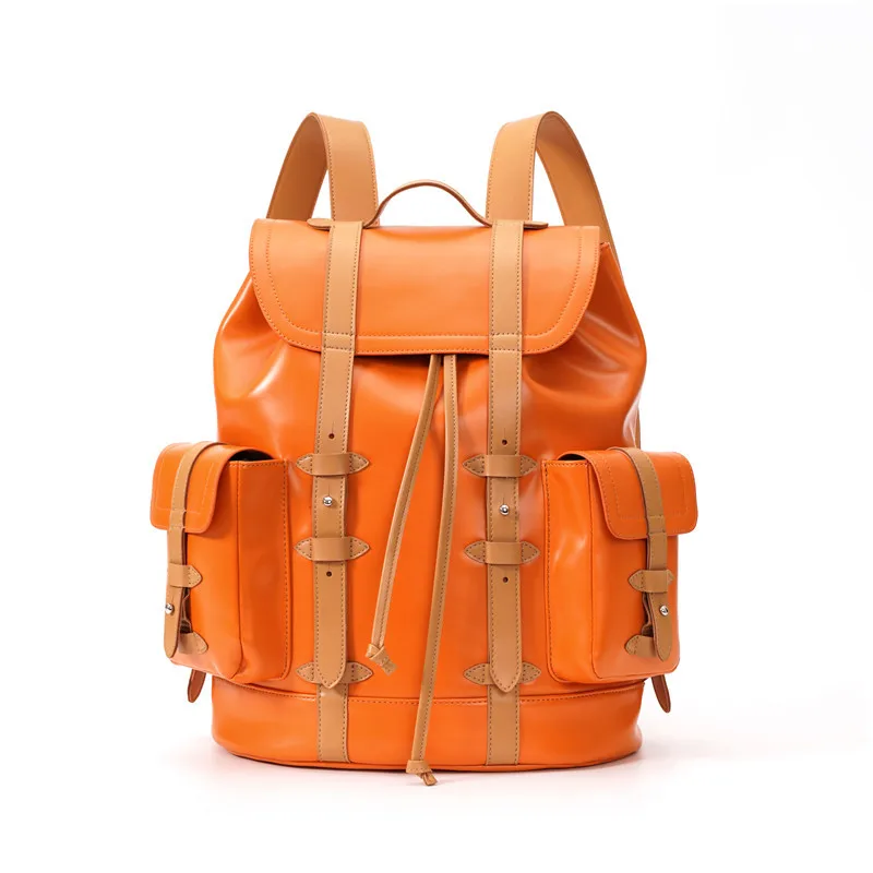 Orange Leather Outdoor Bag for Men Large Capacity 19.6\'\' Laptop Backpack School Male Female Retro Designer Bag Travle Mochila