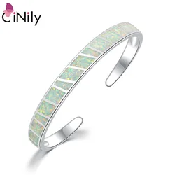 CiNily White Fire Opal Stone Adjustable Open Bangles Silver Plated Simple Chic Bracelets Summer Jewelry Bohemia Boho Woman Man