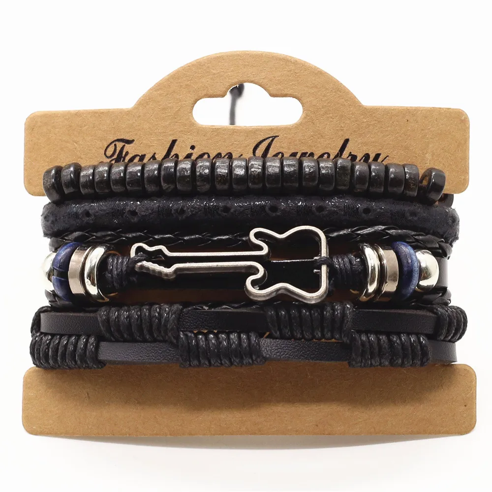 New Trendy Wood Beads Alloy Guitar Charm Women Leather Bracelets Men Homme Femme Male Drop Shipping Jewelry