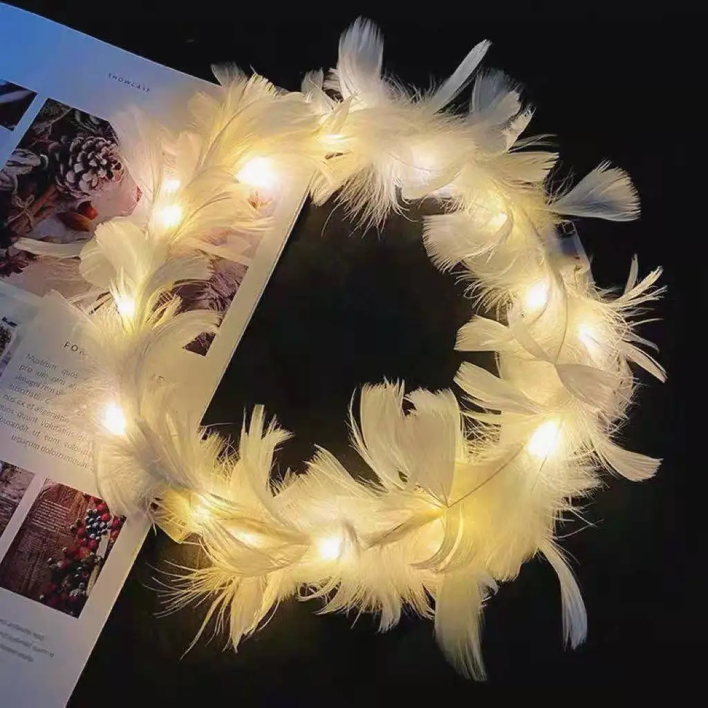 LED Feather Wreath Headband Light-Up Headband Luminous Headdress For Women Girls Wedding Christmas Halloween Glow Party