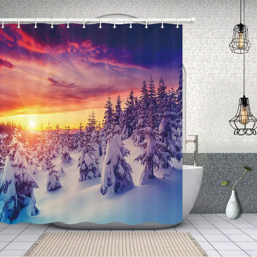 Winter Farmhouse Christmas Shower Curtains Rustic Snowy Pine Trees in Foggy Forest at Sunset Natural Landscape Bathroom Curtain