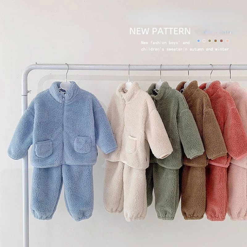 

Children's Set Autumn Winter Boys Girls Winter Clothes Plush Thickened Warm Keeping Middle Small Kids Foreign Style Home Clothes