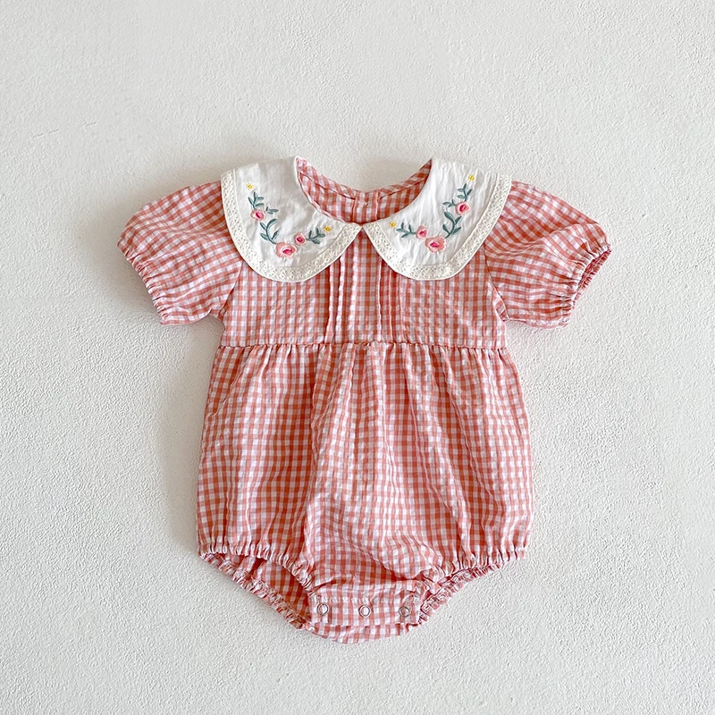 Kleinkind Baby Mädchen Grid Stickerei Kleider Sommer Mädchen Baby Romper Kleinkinder Baumwolle Kurzarm einteiliges Strampler – Detail 12