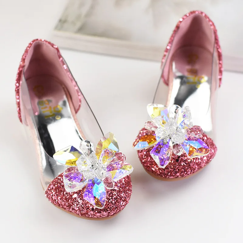 Zapatos de tacón alto de cristal de Cenicienta para niños, zapatos de fiesta de princesa transparentes con lentejuelas, vestido de diamantes para