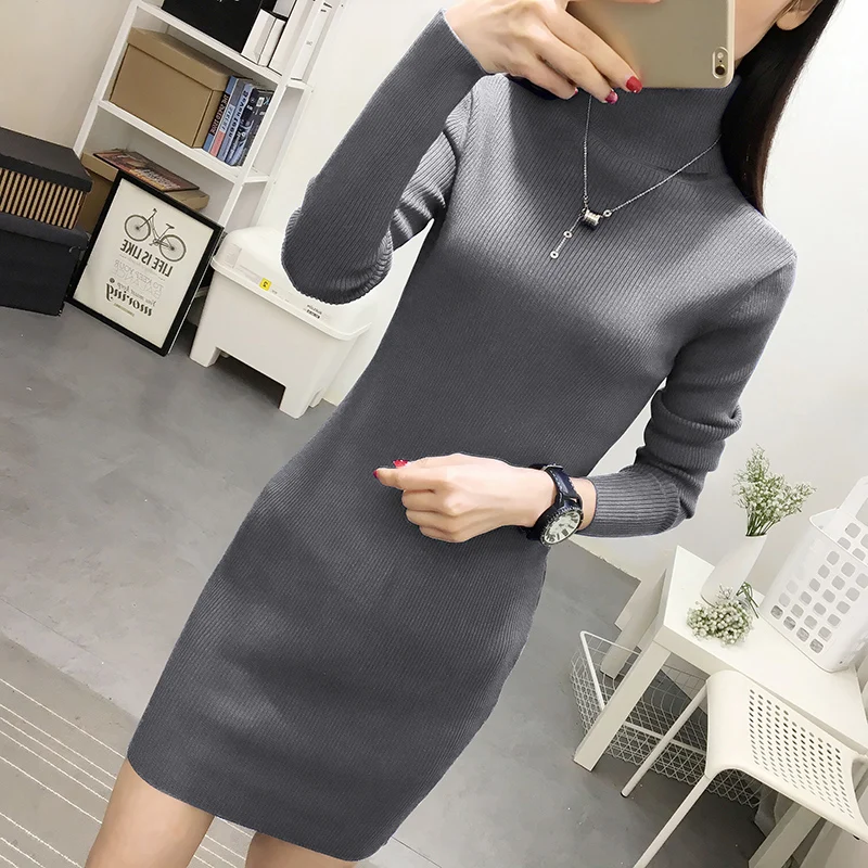 2024 Spring Autumn New Women Slim Turtleneck Sweater Dress Warm padded Ladies Knit Pullovers Sexy stretch Female Long Sweaters