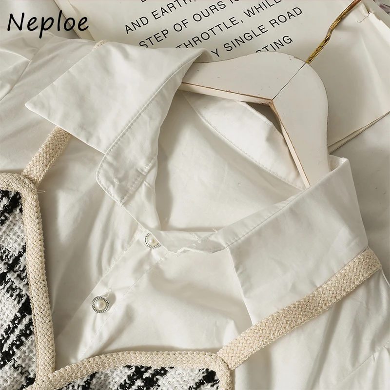 Neploe Contrast Color Patchwork Tweed Fake Two-piece Shirts Women Autumn New Belt Slim Waist Blouses Female Long-sleeve Shirt