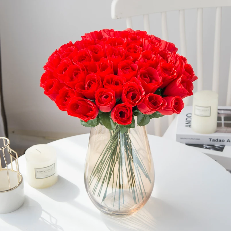 10 Stück rote Seidenrosen, Blumenstrauß, Vase, zur Dekoration von Wohnräumen, Gärten, für Feste, Hochzeiten, als Dekoration für Kränze, künstliche Pflanze, Großhandel, künstliche Blumen. – Detail 4