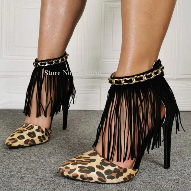 Women Sexy Leopard Fringe Pumps Shoes Fashion New Pointed Toe Stiletto Heel Metal Chains Sandals Shoes Lady Real Photo High Heel