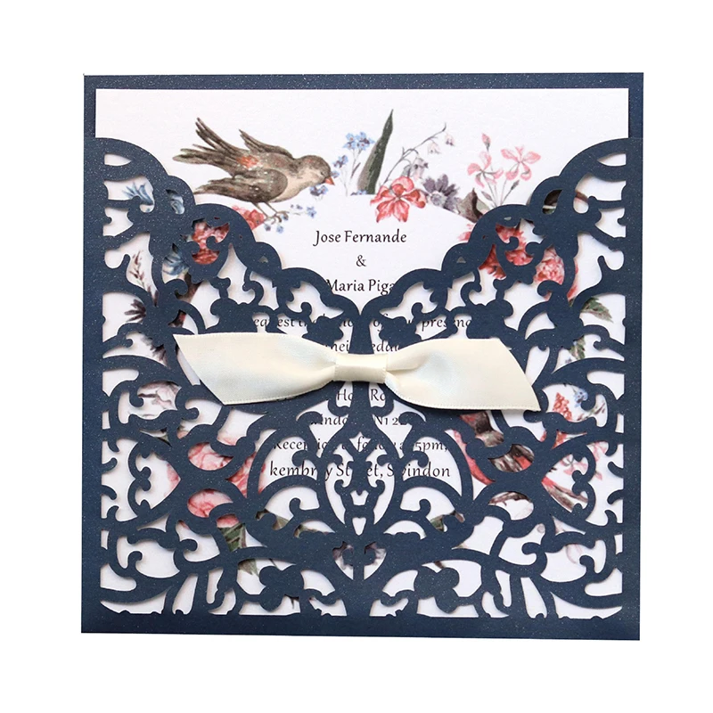 

1pcs Elegant Flora Hollow Laser Cut Wedding Invitation Card Business Greeting Card With Bow Customized Party Decoration Supplies