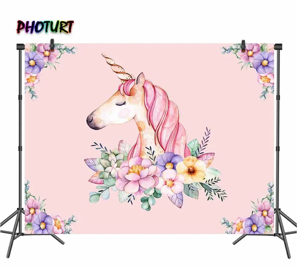 PHOTURT Unicorn Backdrop Kids Birthday Baby Shower Decorate Background Pink Floral Rainbow Vinyl Photo Banner Photography Props