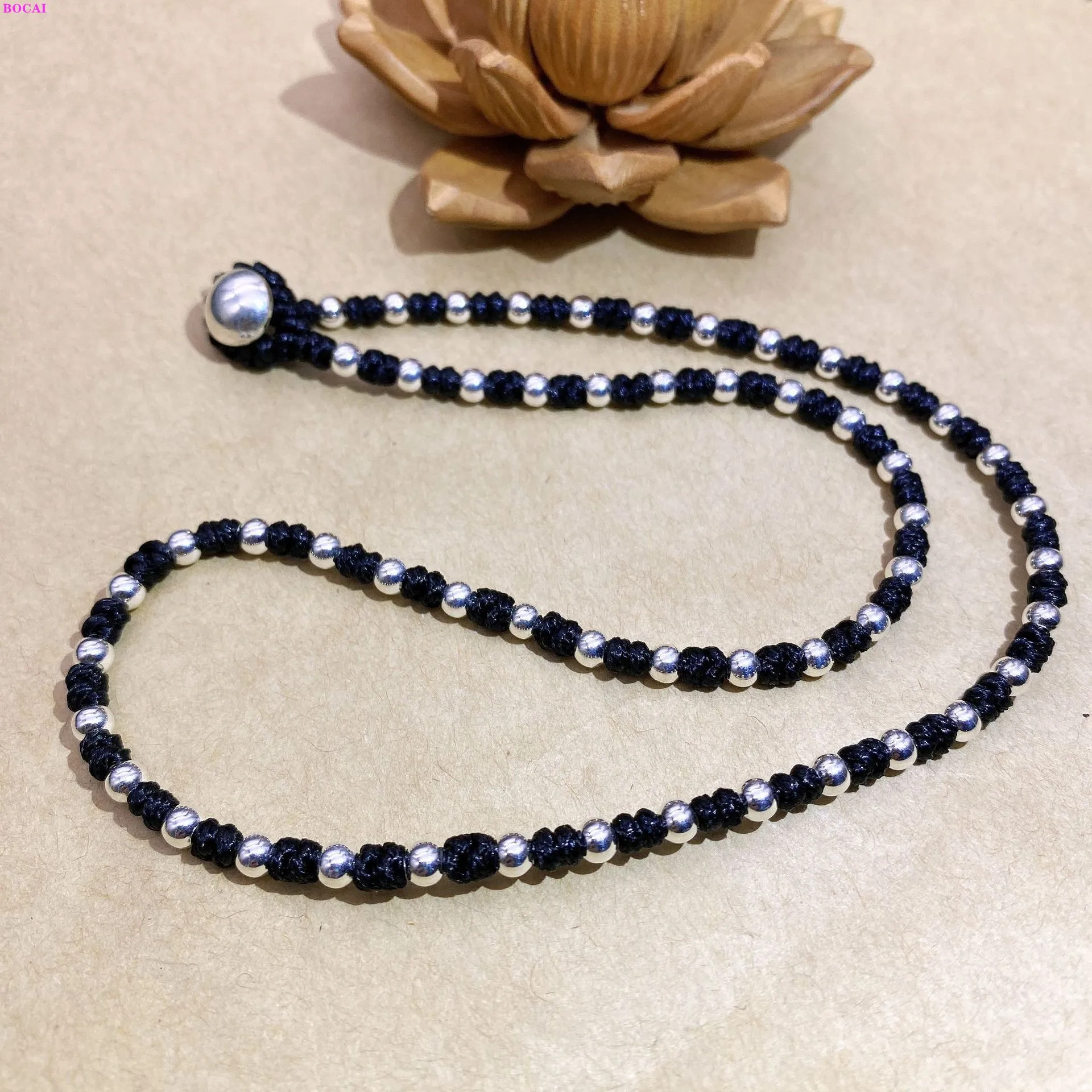 BOCAI 100% S999 Sterling Silver Necklaces for Women Men Fashion Handweaven Wax Rope Knots Argentum Beads Jewelry Wholesale