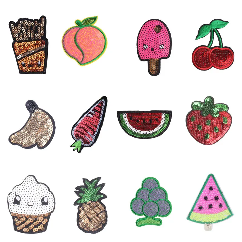 Food Fruit Patches Flower Stickers Iron on Clothes Heat Transfer Applique Embroidered Applications Cloth Fabric Sequin Patch F