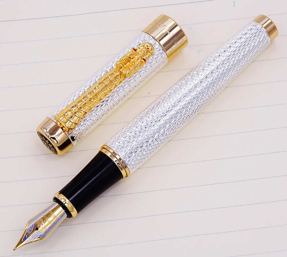 Imagem -04 - Jinhao 1200 Luxuoso Vintage Caneta Tinteiro Bonita Ondulação com Clipe de Dragão Nobre Prata Metal Escultura Canetas Tinta Coleção