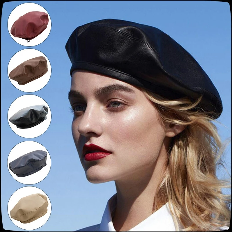 Women Fashion Beret Solid Beret Cap Pu Leather Beret French Artist Warm Beanie Hat Female Ladies All-Match Adjustable Hat BEST