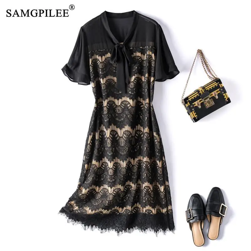 

French Style Dress 2022 Summer New Fashion Crochet Lace Fabric Thin Retro Casual Short Sleeves Women Dresses 4XL