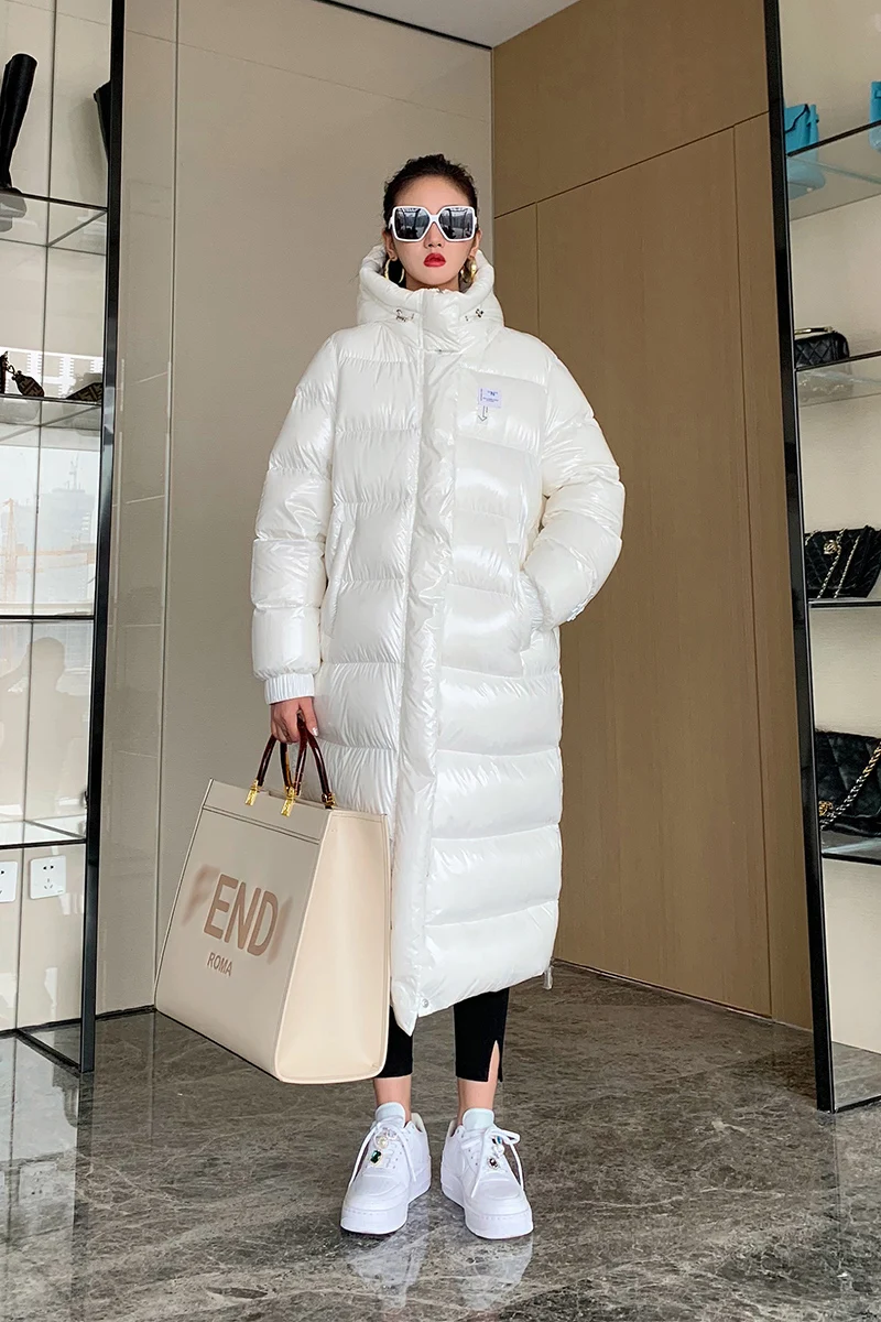 Vrouwen Lange Hooded Jassen Shiny Dikkere Warme Pluizige Ganzendons Jas Vrouwelijke Winter Brood Stijl Waterdichte Glossy Parka Wy224