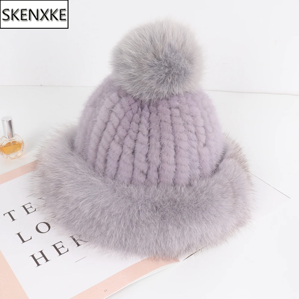 New Lovely Girls Genuine Mink Fur Hats Women Fashion Knitted Fluffy Real Fox Fur Hat Lady Winter Warm Luxury Real Mink Fur Caps