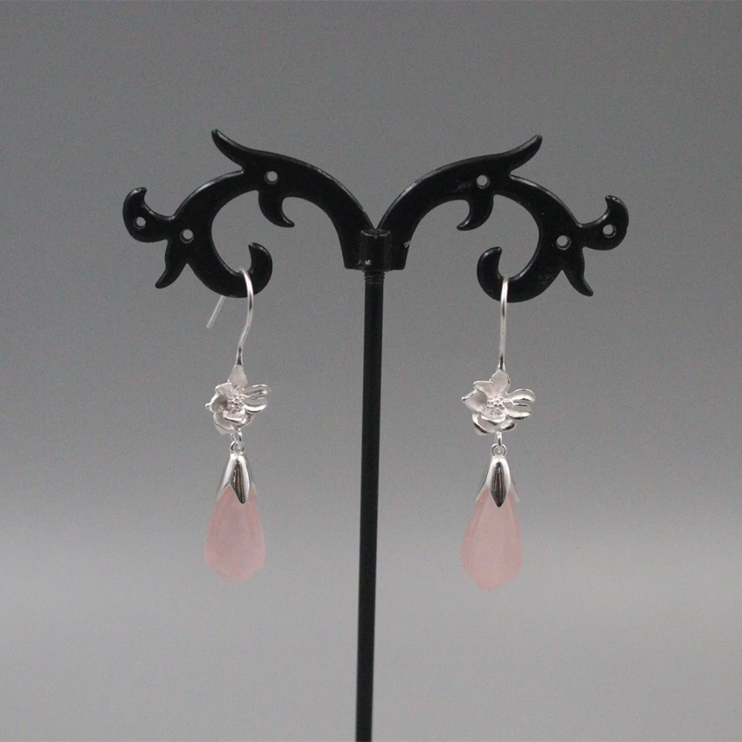 Vintage S925 Sterling Silver Earrings Drop Dangle Flower Pink Crystal Woman Ear Jewelry