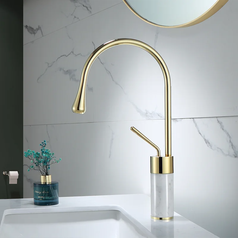 

Basin Faucets Gold and Marble Sink Faucet Brass Faucet Single handle Kitchen Faucet Swivel Sink Water Crane l Deck Mounted