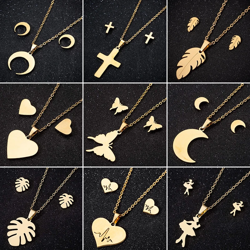 Simple Curved Crescent Moon Necklace Pendant Stainless Steel Jewelry for Women Bohemia Leaf Ballet Cross Necklaces Jewelry Gifts