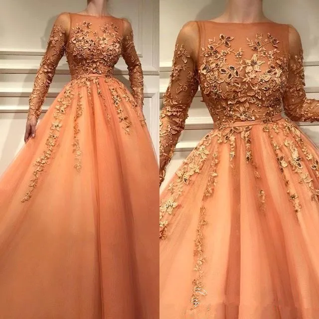 2020 Nieuwe Collectie Oranje Sheer Lange Mouwen Formele Avondjurken Met Kant Applicaties Een Line Tulle Kralen Lange Prom Jassen