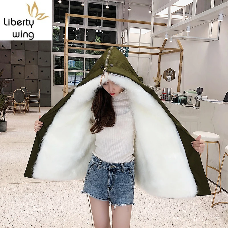 Faux Fox Fur Liner Detachable Overcoat Women Winter Fashion Street Zipper Hooded Coat Army Green Warm Casual Outerwear Jacket