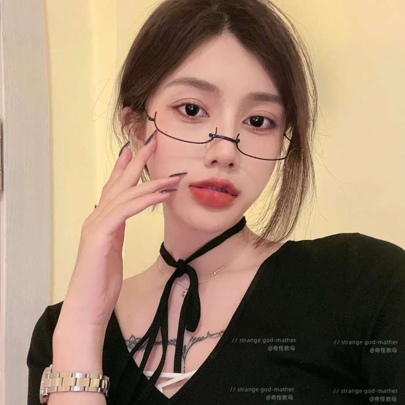 Retro metal lower half frame glasses female Japanese pure net red royal sister wind decoration without lenses