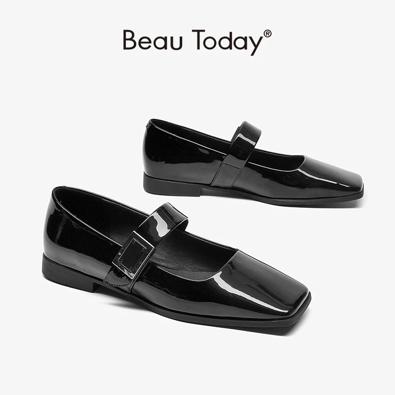 BeauToday Lolita Shoes Women Patent Leather Square Toe Hook Loop Closure Buckle Decoration Slip On Lady Girls Flats 28233