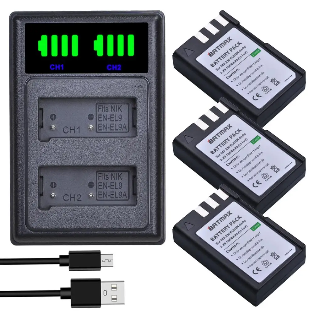 Batmax EN-EL9 EN-EL9a EL9 1800mAh Batterie + Neue LED USB Dual Ladegerät für Nikon EN-EL9a D40 D60 D40X D5000 d3000 Kamera