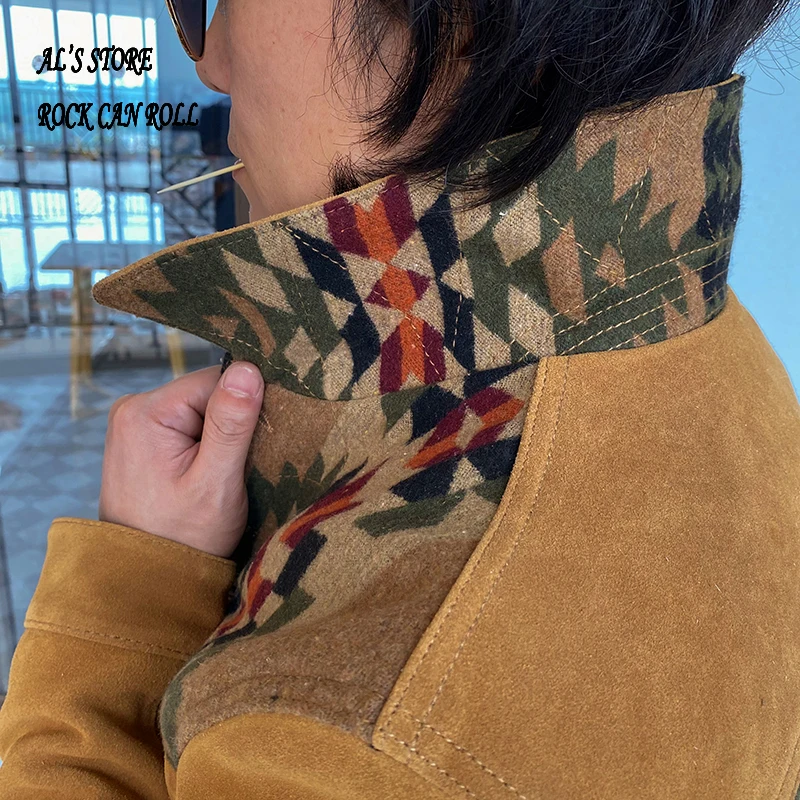 RockCanRoll XW389, lectura de descripción Abrigo de súper calidad de cuero genuino de gamuza de vaca y lana de vaca, chaqueta de Navajo duradera