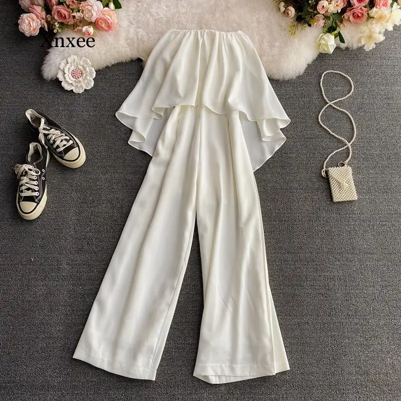 Off Shoulder Rompers Womens Jumpsuit White Strapless Elegant High Waist Wide Leg Solid Beach Holiday Bodycon One Piece Jumpsuit